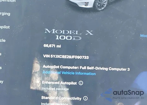2018 Tesla Model X 100D/75D/P100D z USA, uszkodzony, nr VIN 5YJXCBE29JF090733